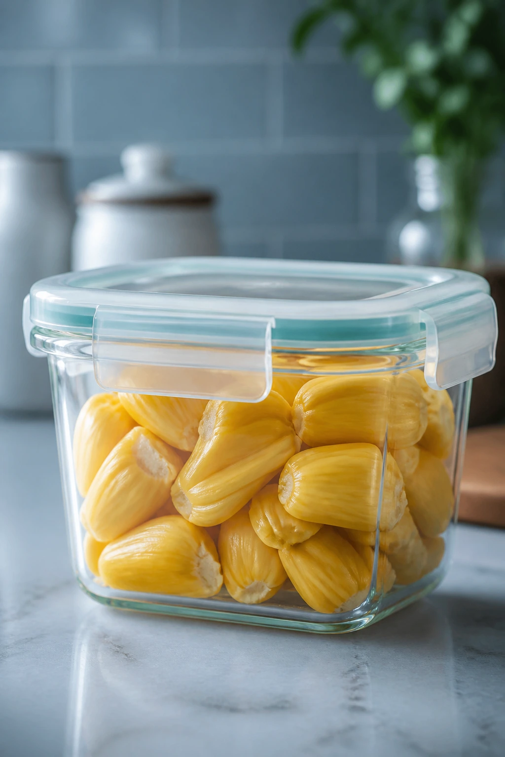 Airtight container with chopped jackfruit ready for storage