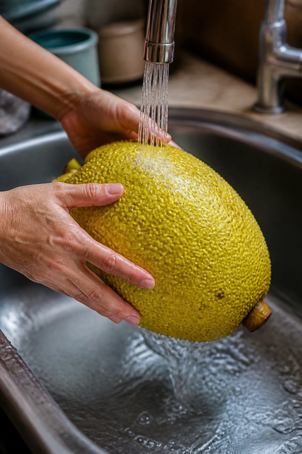 Jackfruit being washed under cool water in a kitchen