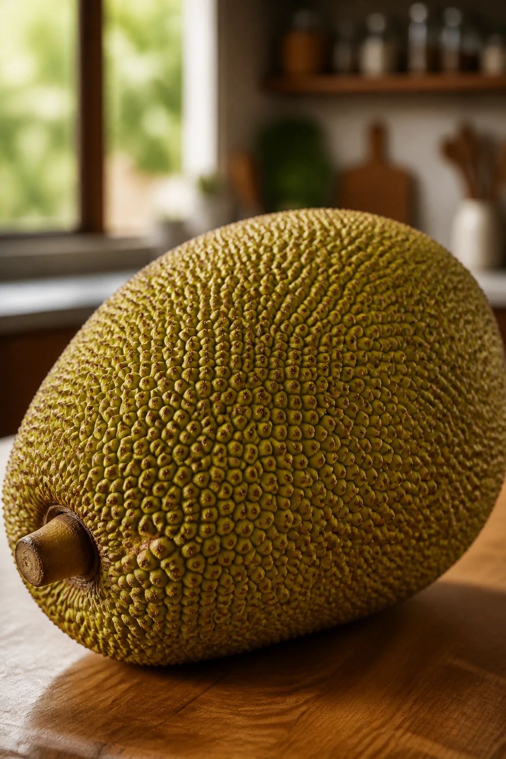 Whole jackfruit on a wooden counter bathed in warm kitchen light