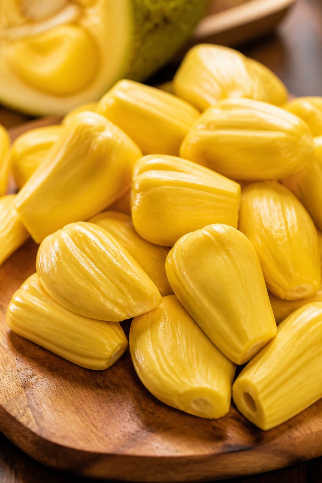Close-up peeled jackfruit flesh with yellow bulbs