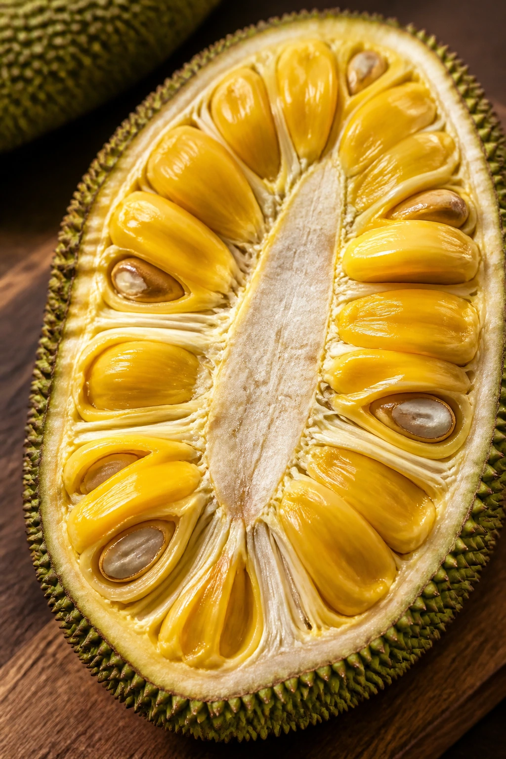 Cross-section of jackfruit showing yellow flesh