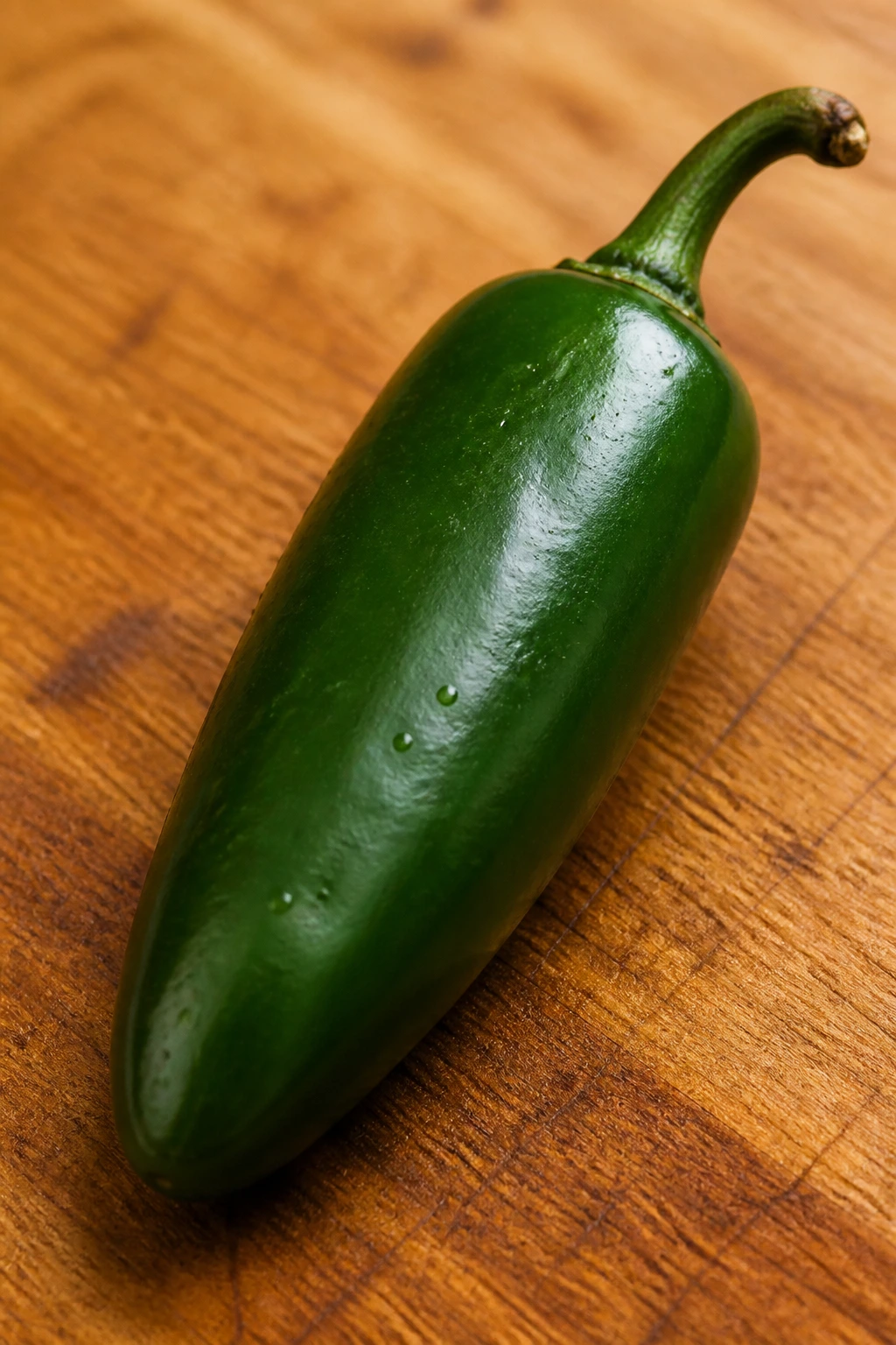 Single jalapeno on cutting board in warm kitchen light