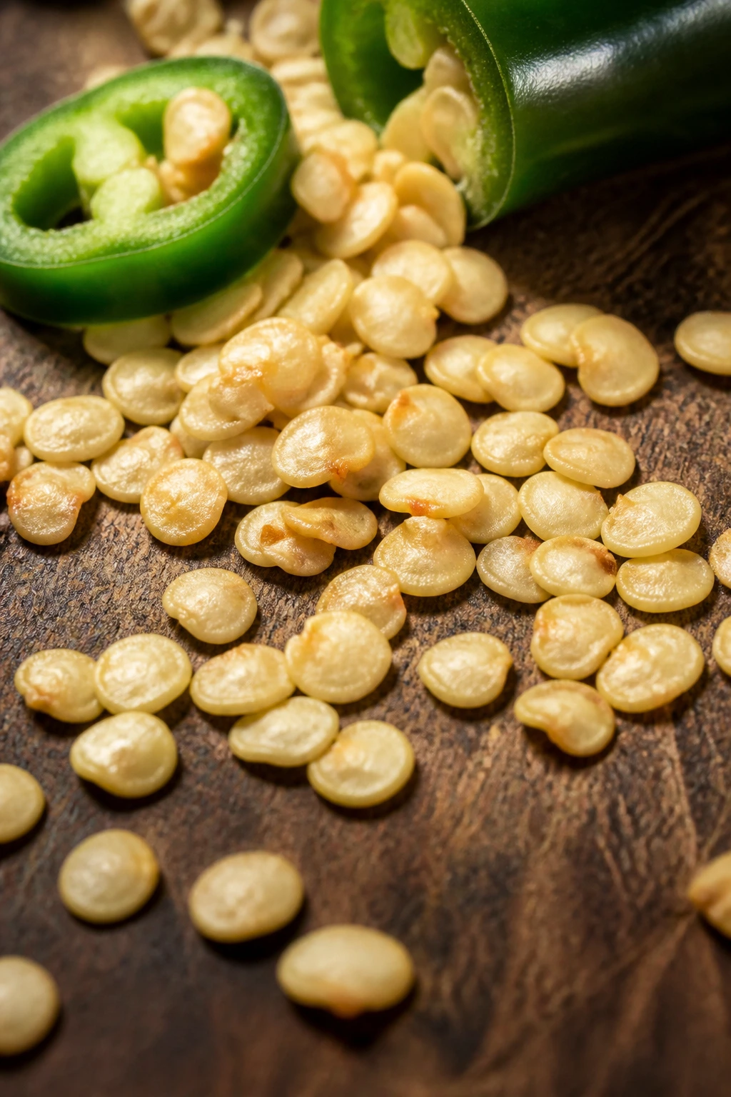 Can You Eat Jalapeno Seeds? What Are The Benefits? 5 Vibrant jalapeño seeds scattered on wooden surface