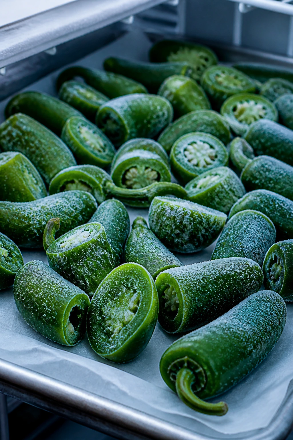 How To Store Fresh Jalapenos For Long-Term 2 Jalapenos arranged on parchment paper in a freezer