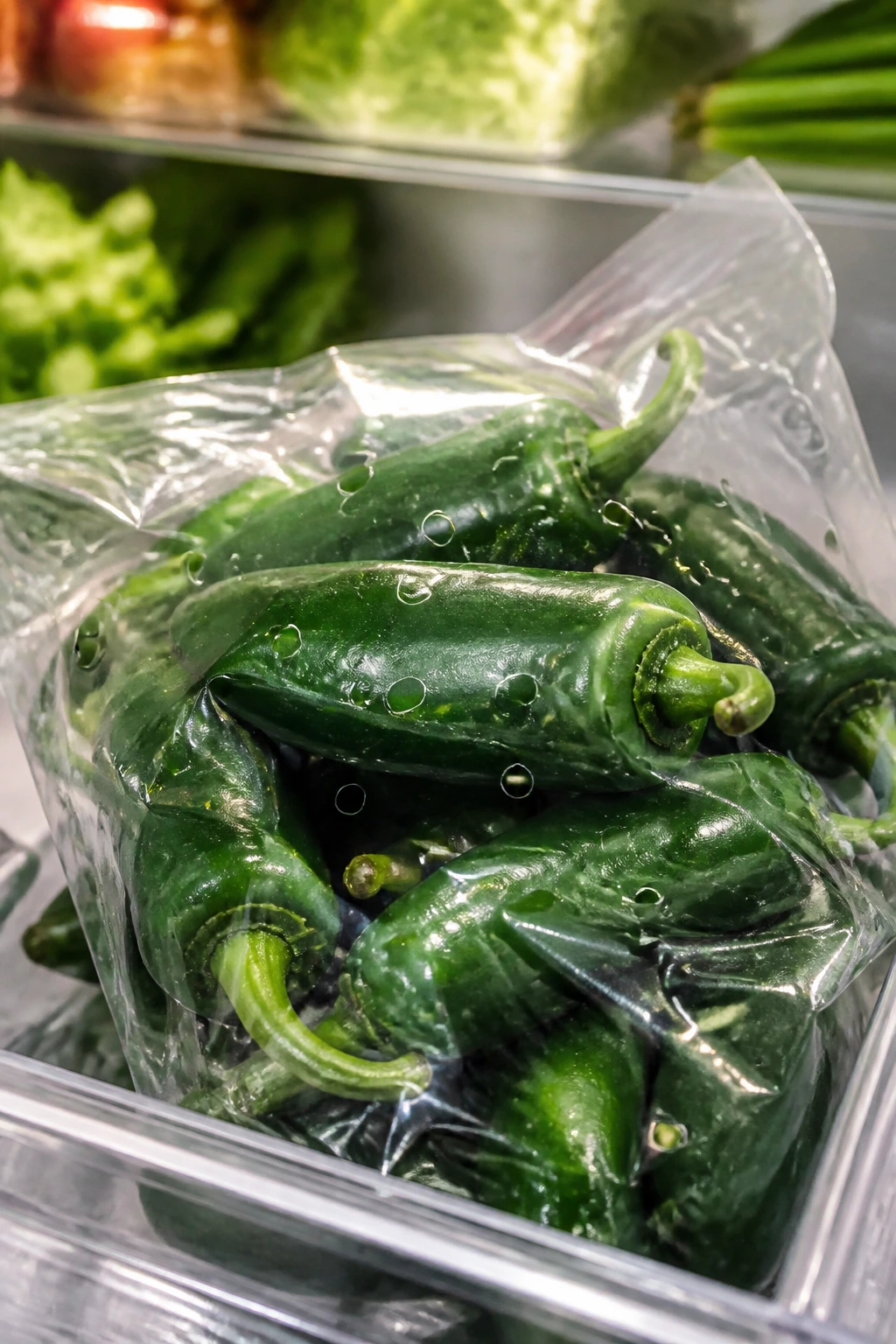 How To Store Fresh Jalapenos For Long-Term 1 Close-up of jalapenos in a breathable bag inside a fridge crisper