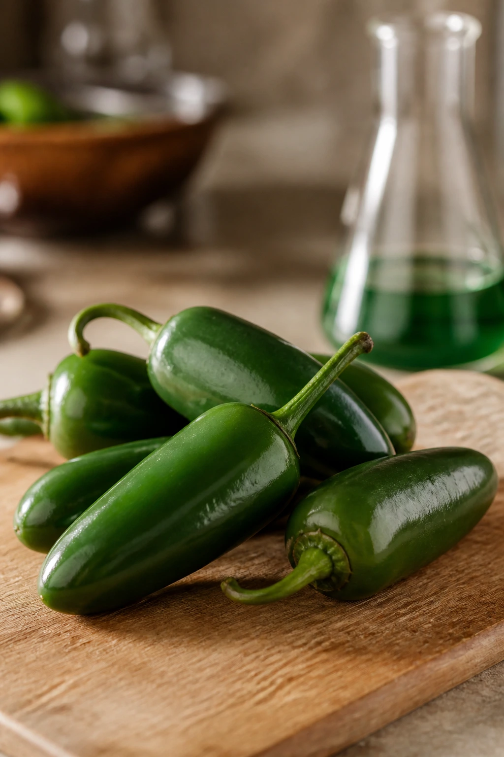 Jalapenos on cutting board with glass beaker blurred in background