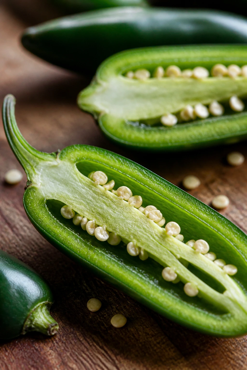 Close up of jalapeno halves showing seeds on cutting board