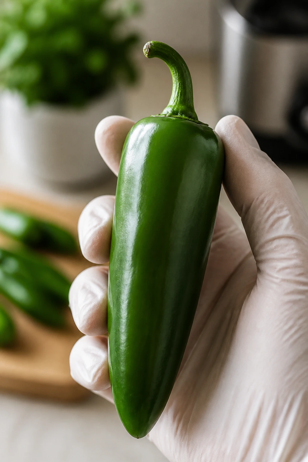 How To Store Fresh Jalapenos For Long-Term 6 Jalapeno held in gloved hand in kitchen