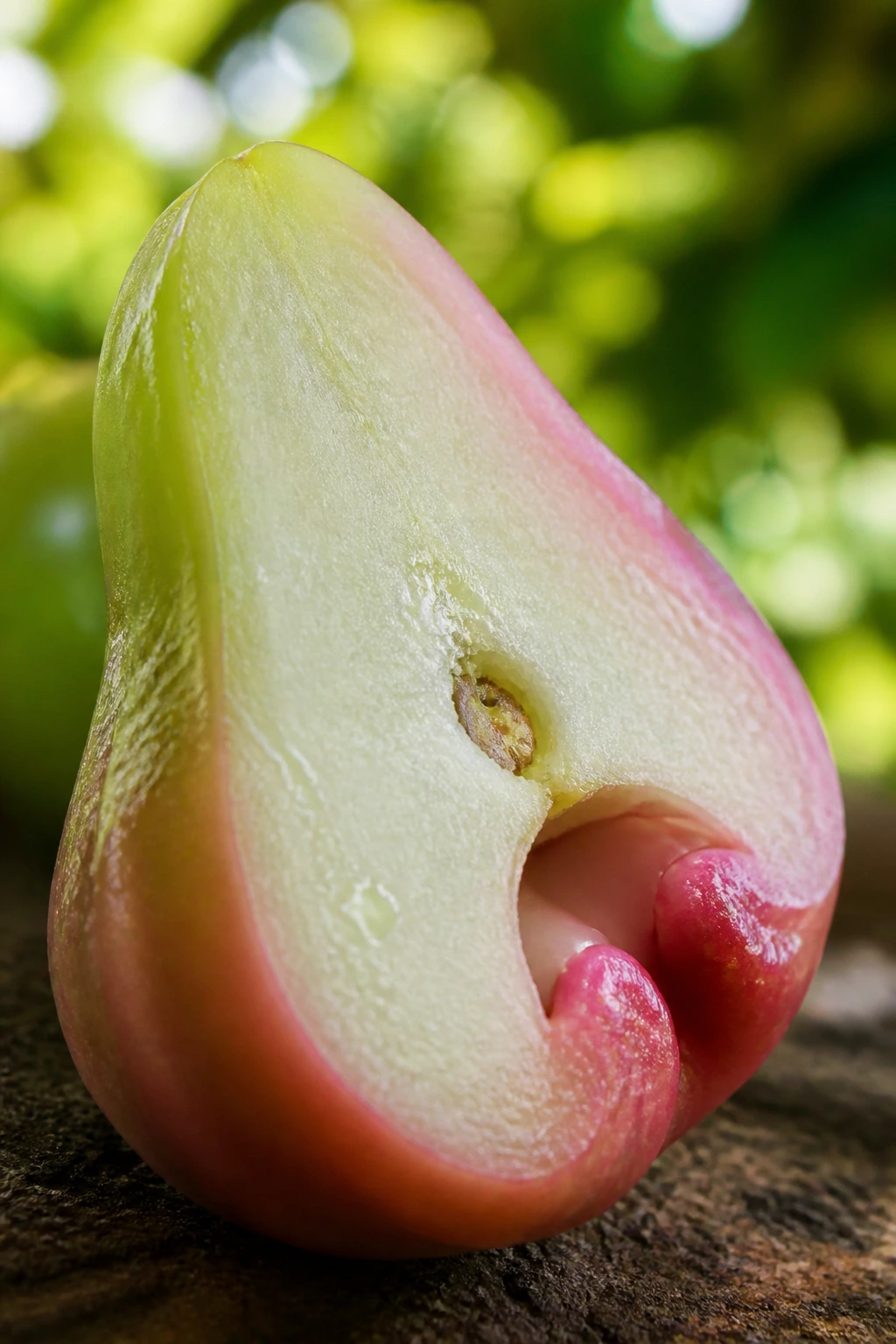 Close-up of a Java apple quarter showing juicy flesh and glossy skin in an outdoor setting