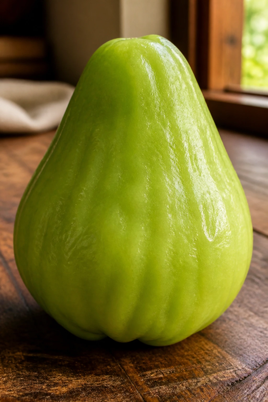 Close-up of a glossy Java Apple on a wooden kitchen counter