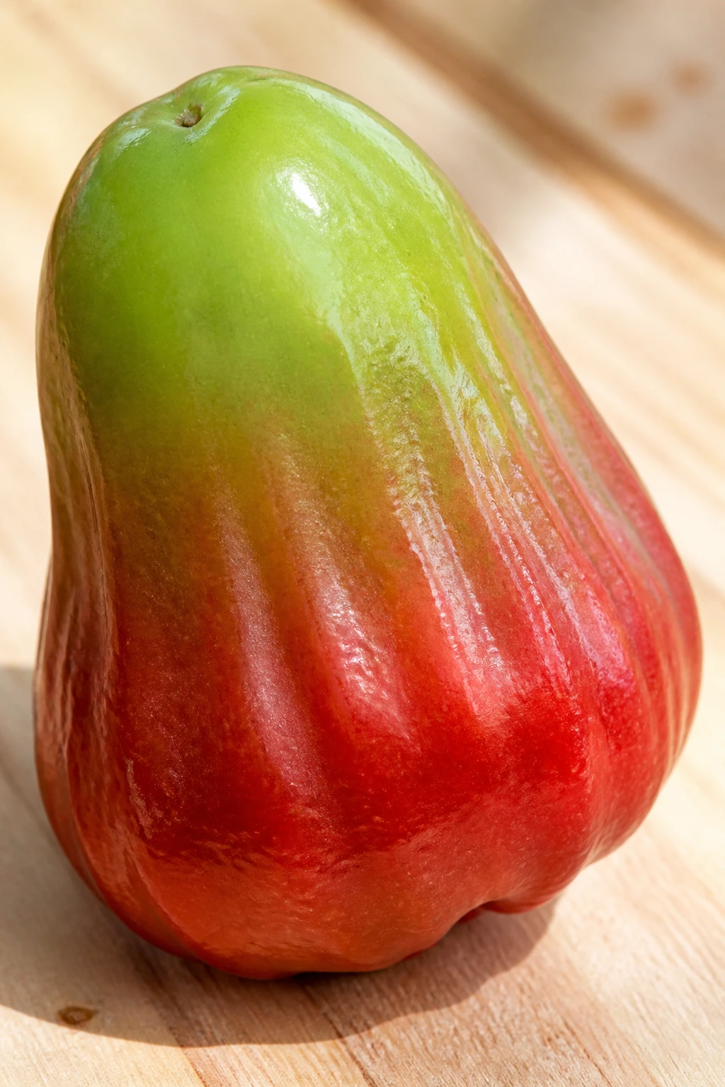 Close-up of a Java Apple on a wooden surface