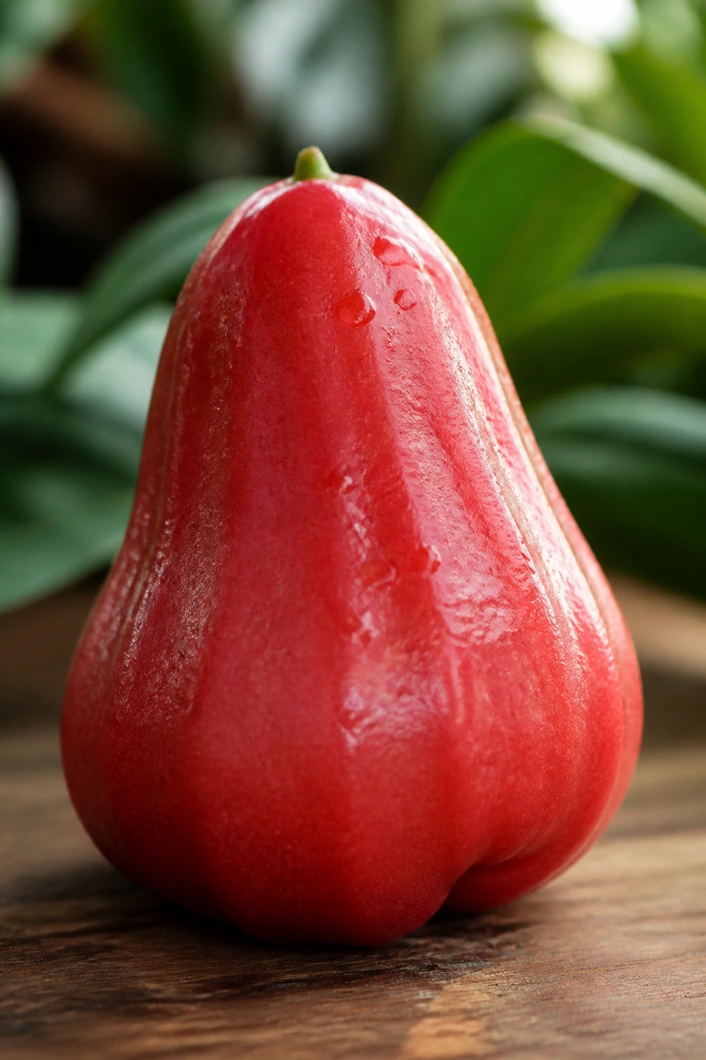 Single Java apple on wooden countertop with natural light