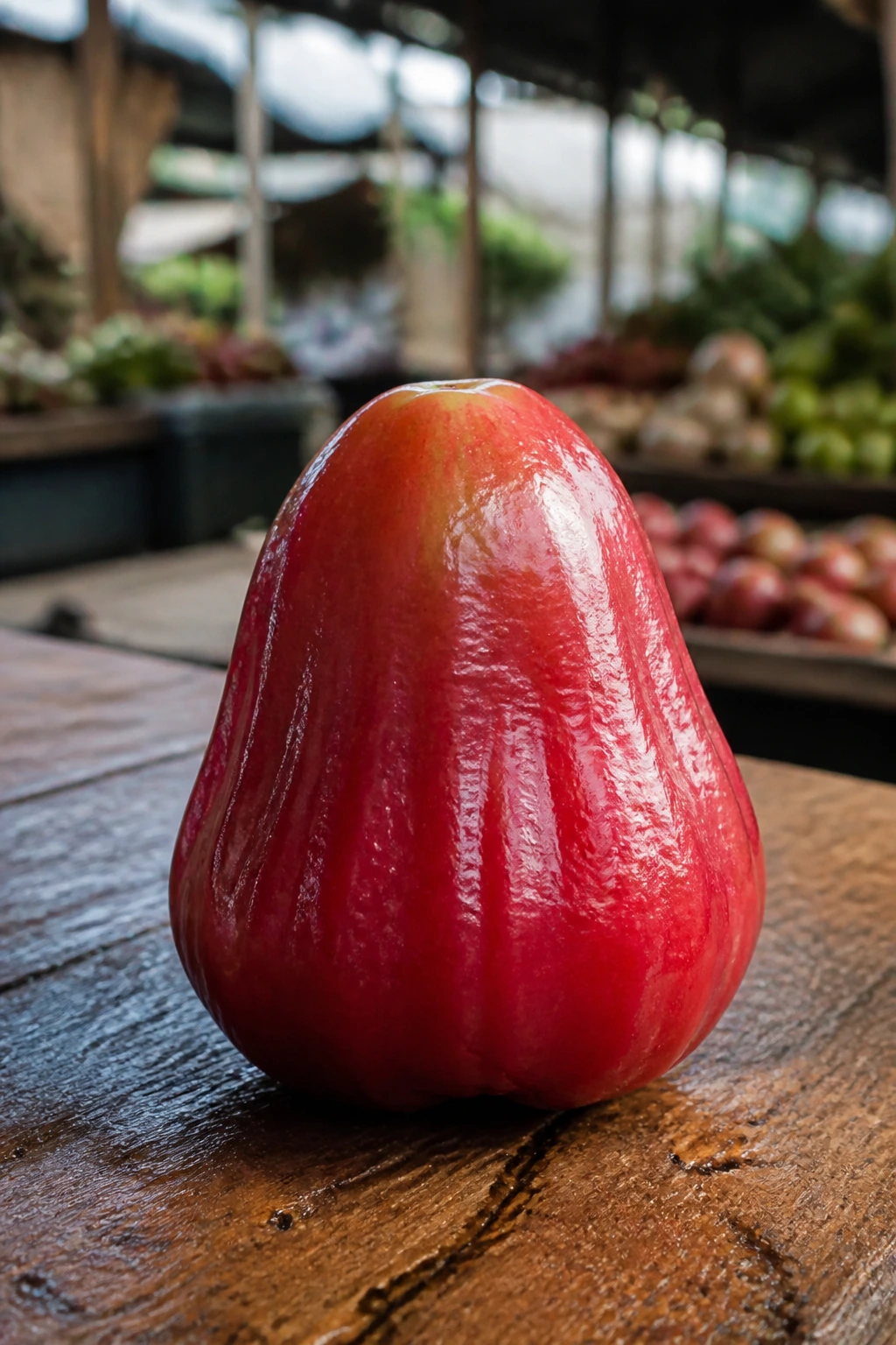 Java apple on market stall with blurred tropical market background