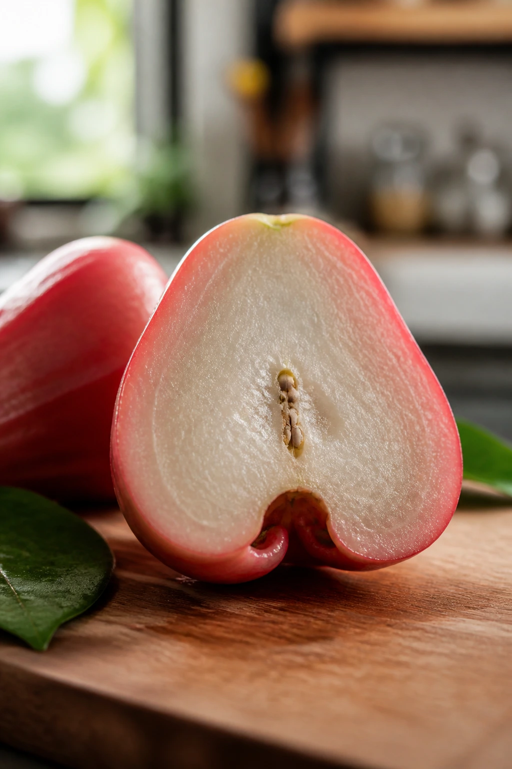 Cross-section of Java apple showing flesh and seeds on wooden board