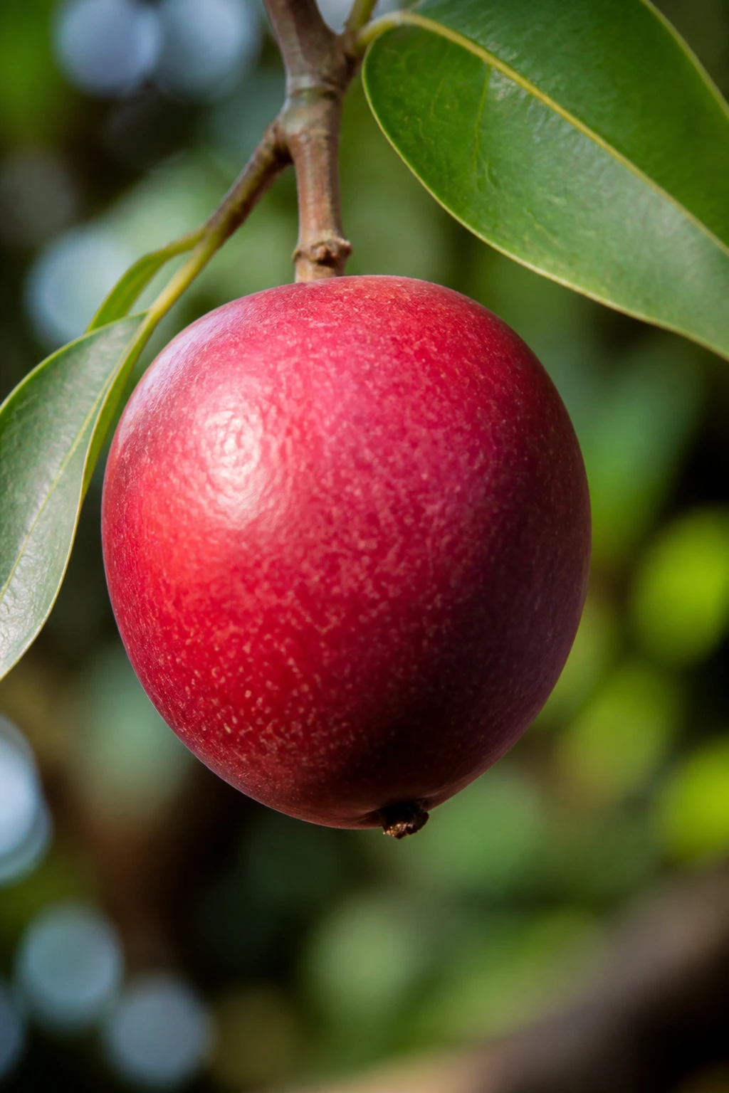Close-up of a ripe Jocote fruit highlighting red-purple skin.