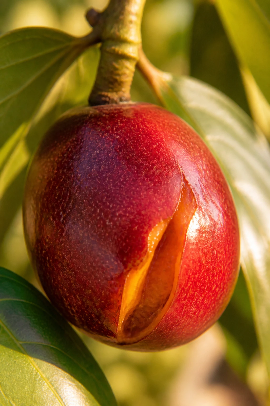 Close-up of a ripe Jocote fruit with red-purple skin on a tropical branch.