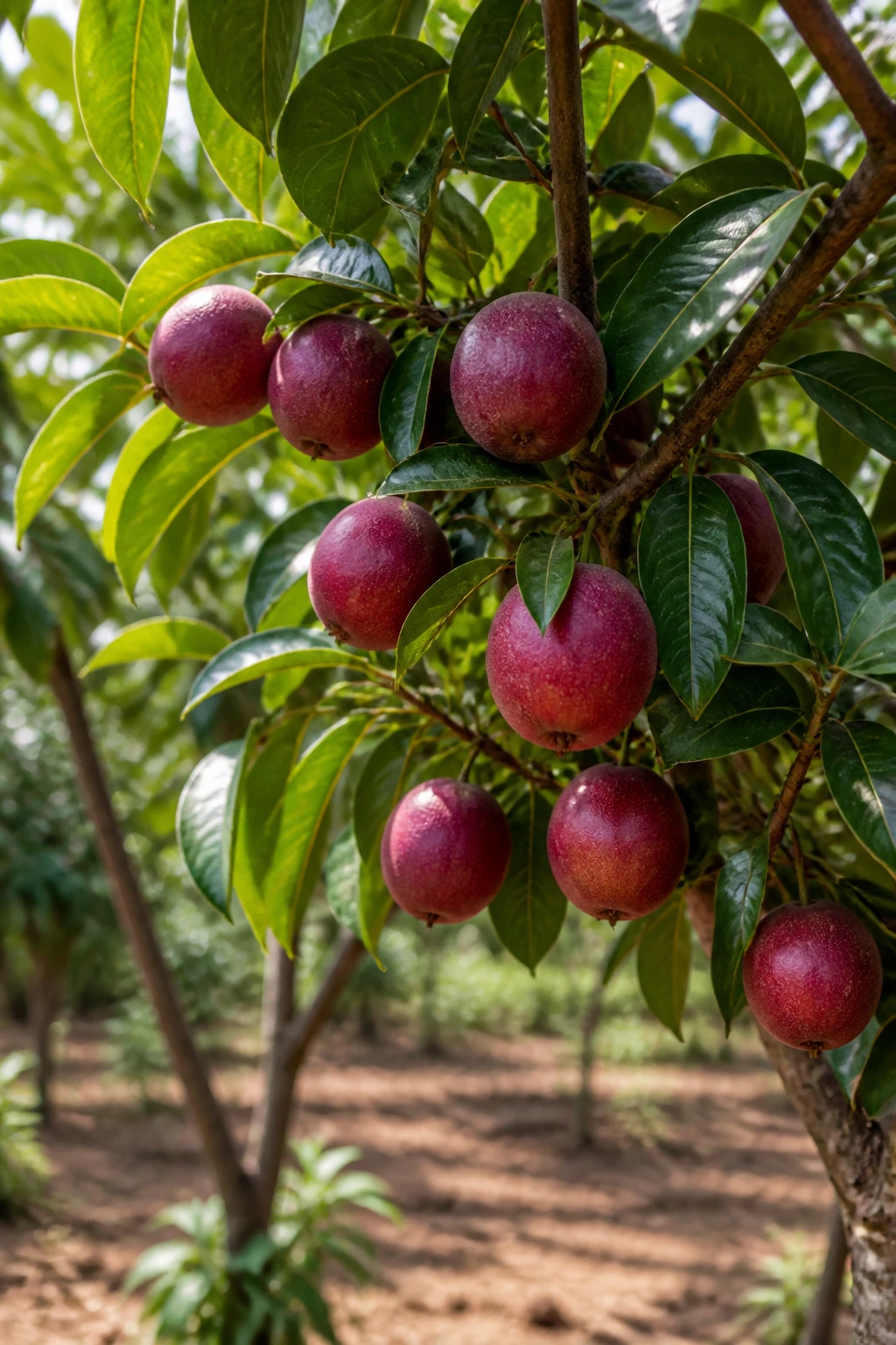 Close-up of Jocote tree branch with ripe fruits and green leaves.