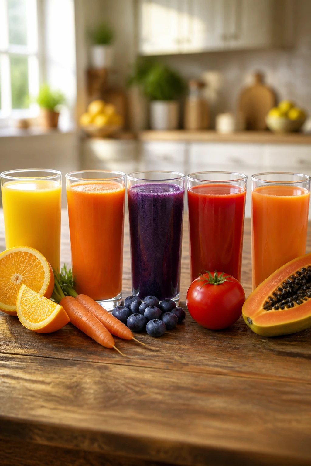Which Fruit Juice Is Good For Eyes? Juicing For Eye Health 3 Row of eye-healthy juices in different colors
