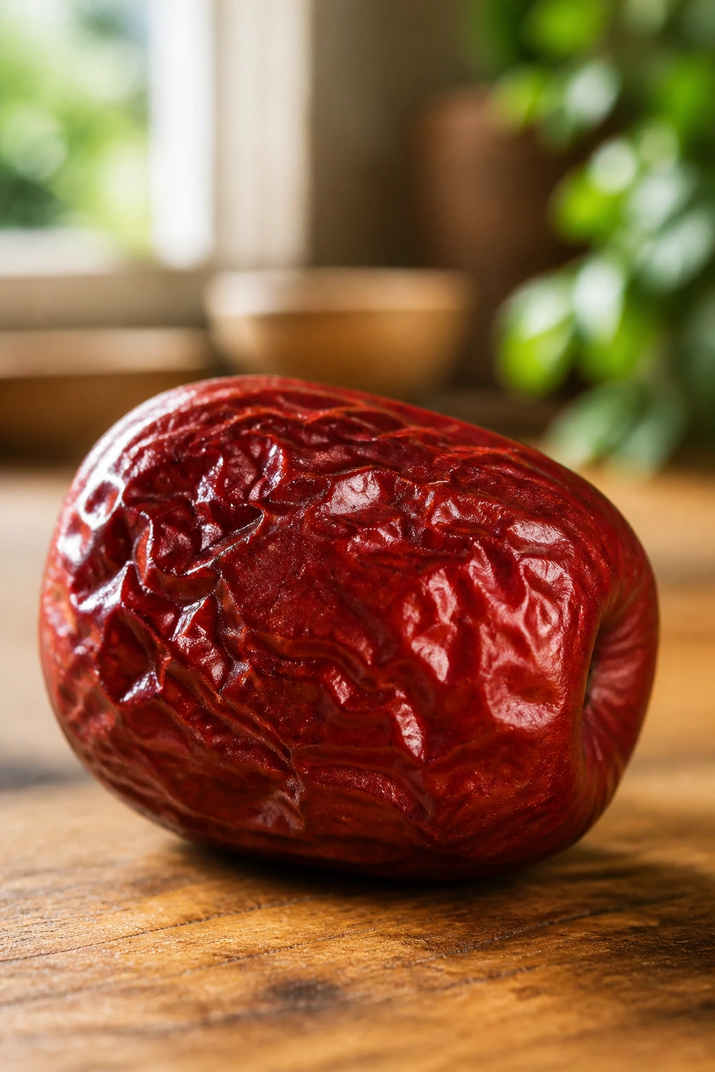 Close-up of a single ripe jujube fruit on a wooden kitchen counter