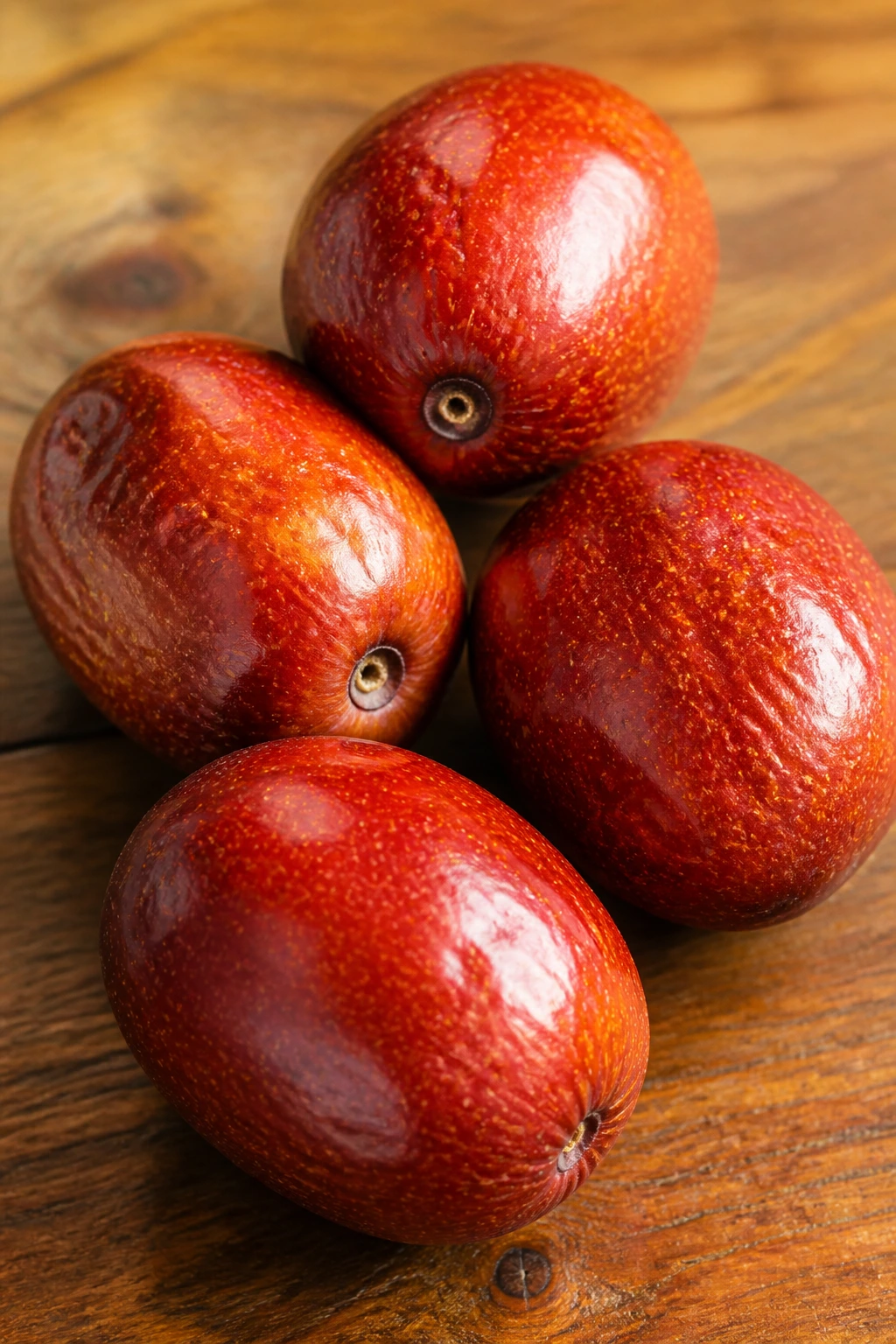 Five jujube fruits arranged on wood surface showcasing texture