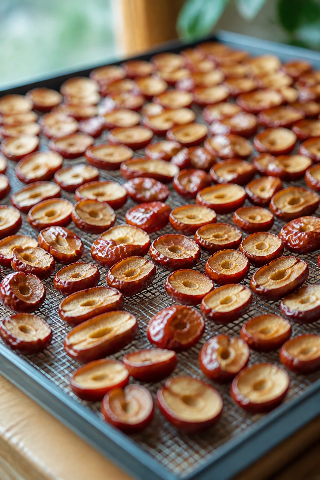 How To Dry Jujube Fruit Like a Pro: Step-By-Step Guide 1 Close-up of jujube slices on a drying tray in a sunlit kitchen