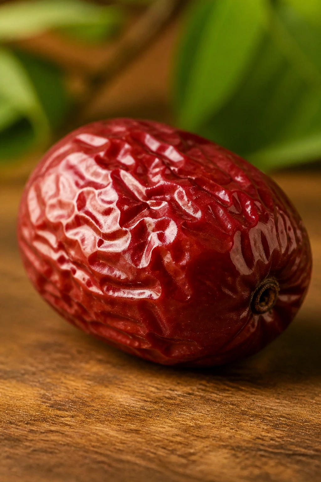 Close-up of a jujube fruit on a clean surface with warm lighting