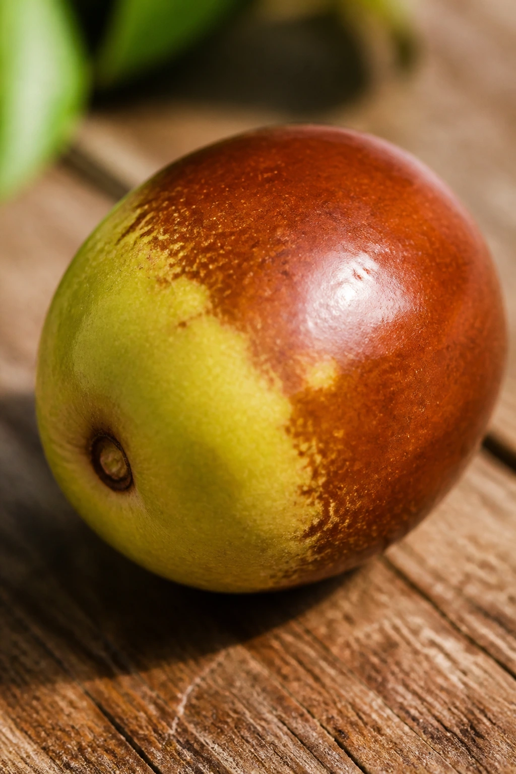 Close-up of a single ripe jujube fruit on a wooden surface showing color change from green to brown