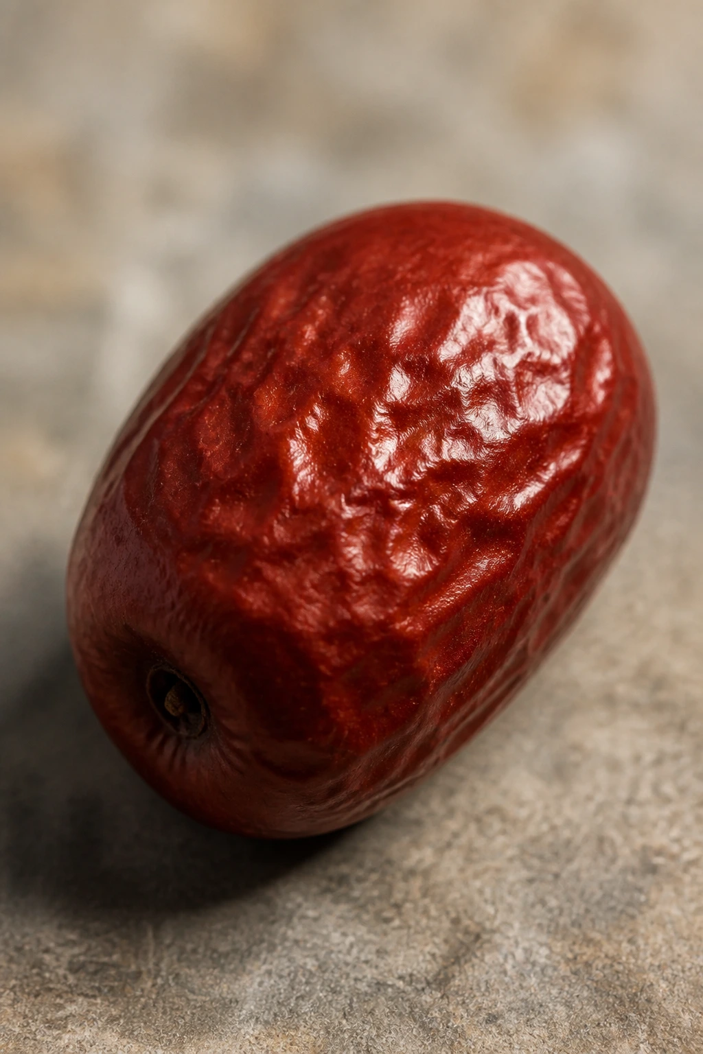 Single jujube fruit with soft shadow on a muted surface
