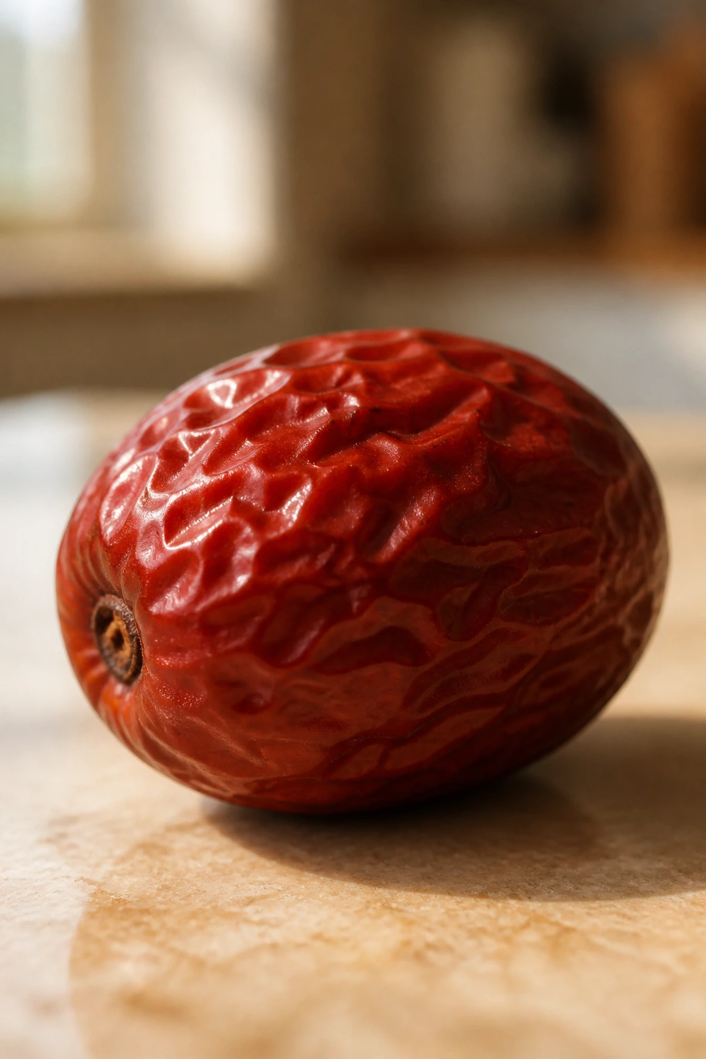 Single jujube fruit on a kitchen counter in natural light
