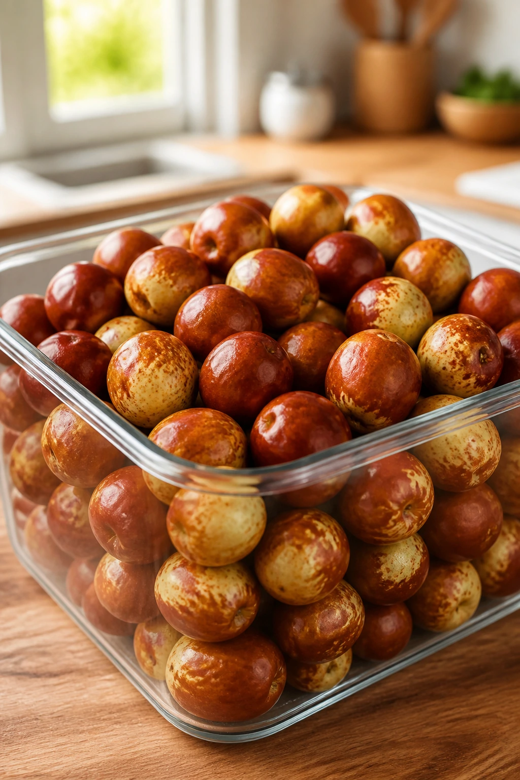 How To Store Jujube Fruit: Steps-By-Step Guide 1 Close-up of jujube fruit in a glass storage container on a wooden kitchen counter