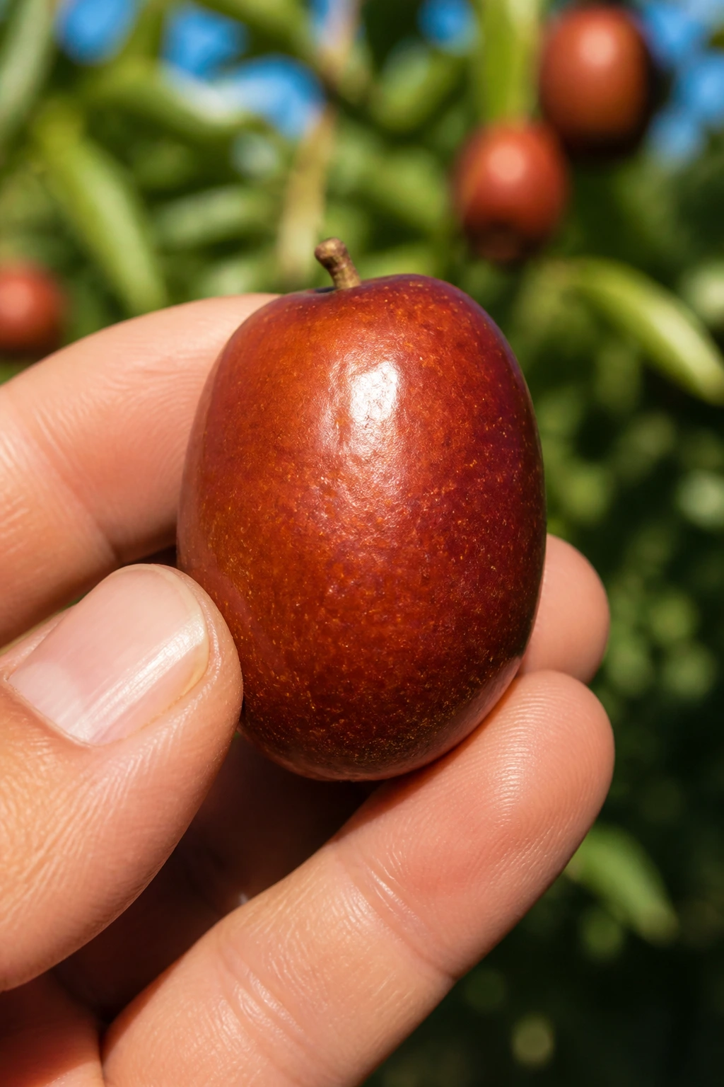 Ripe jujube fruit held in a gardener's hand in a garden
