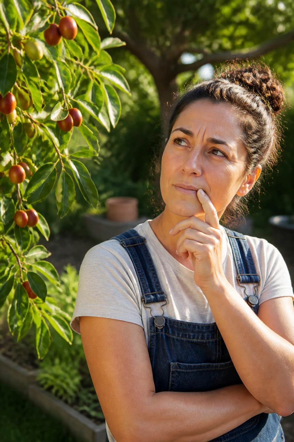 Portrait of a gardener in a garden near a jujube tree, pondering questions