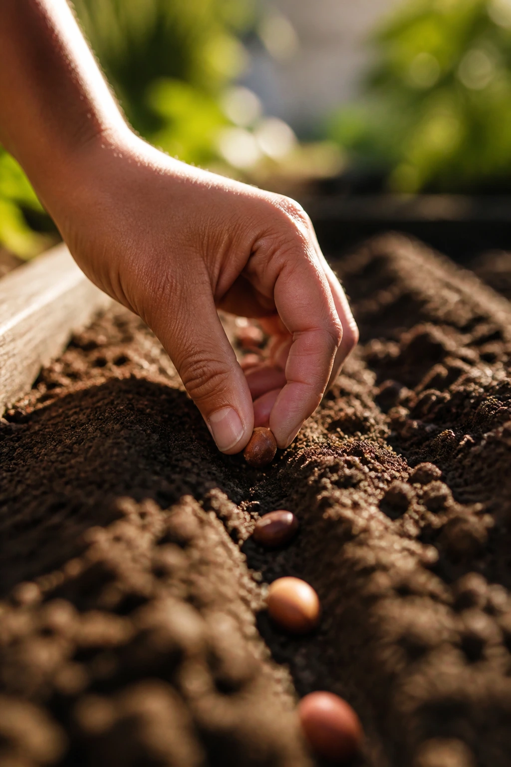 Close-up of a hand planting a jujube seed into soil in a garden