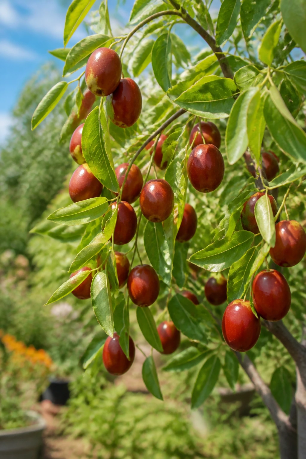 Close-up of a productive jujube branch with ripe fruits in a garden