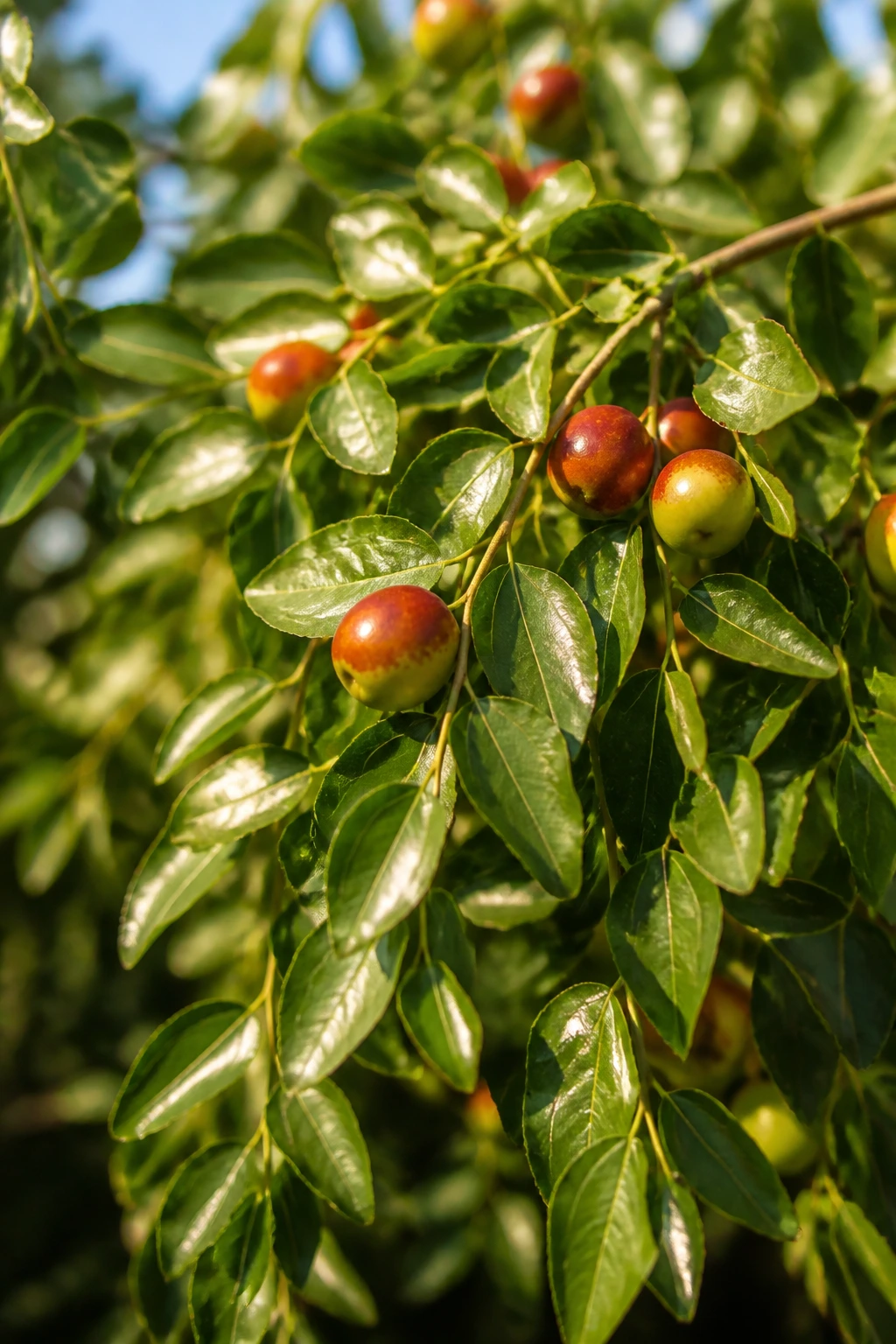 Close-up of a healthy jujube tree canopy with fruits in a garden