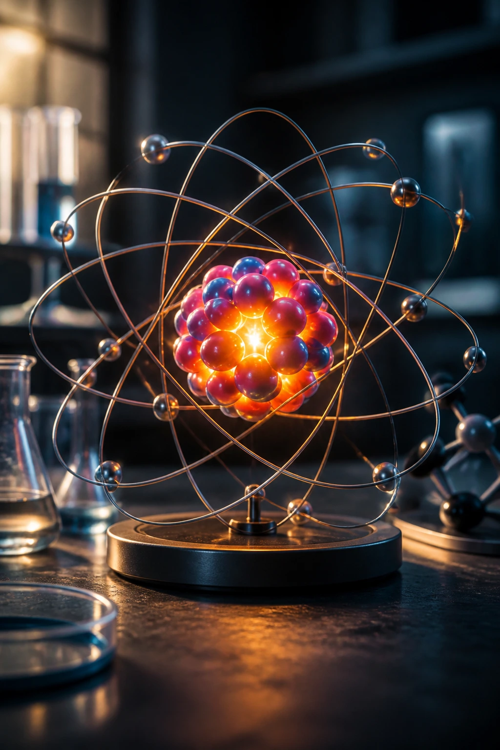 3D rendering of a potassium-40 atomic model with glowing nucleus