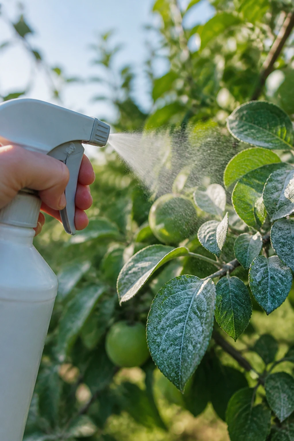 White kaolin spray mist settling on leaves of a fruit tree
