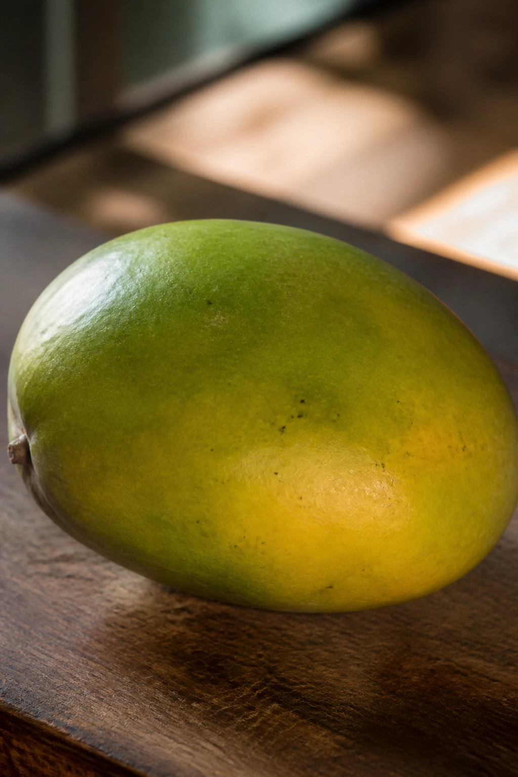 Keitt Vs Kent Mango: The Ultimate Comparison 1 Close-up of a ripe Keitt mango with green skin and yellow blush on a wooden cutting board in a sunlit kitchen