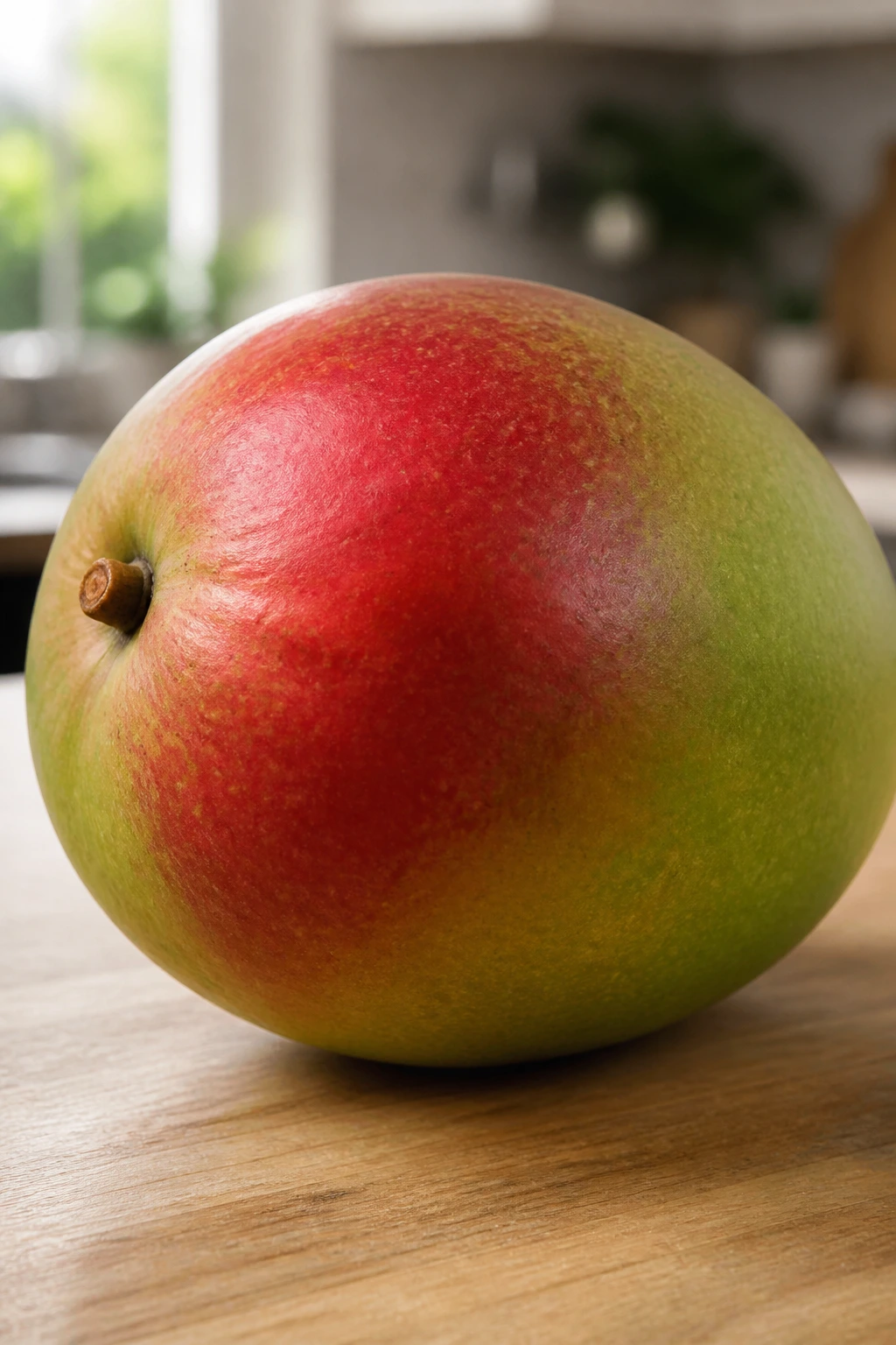 Keitt Vs Kent Mango: The Ultimate Comparison 2 Close-up of a Kent mango with green skin and red blush on a wooden surface