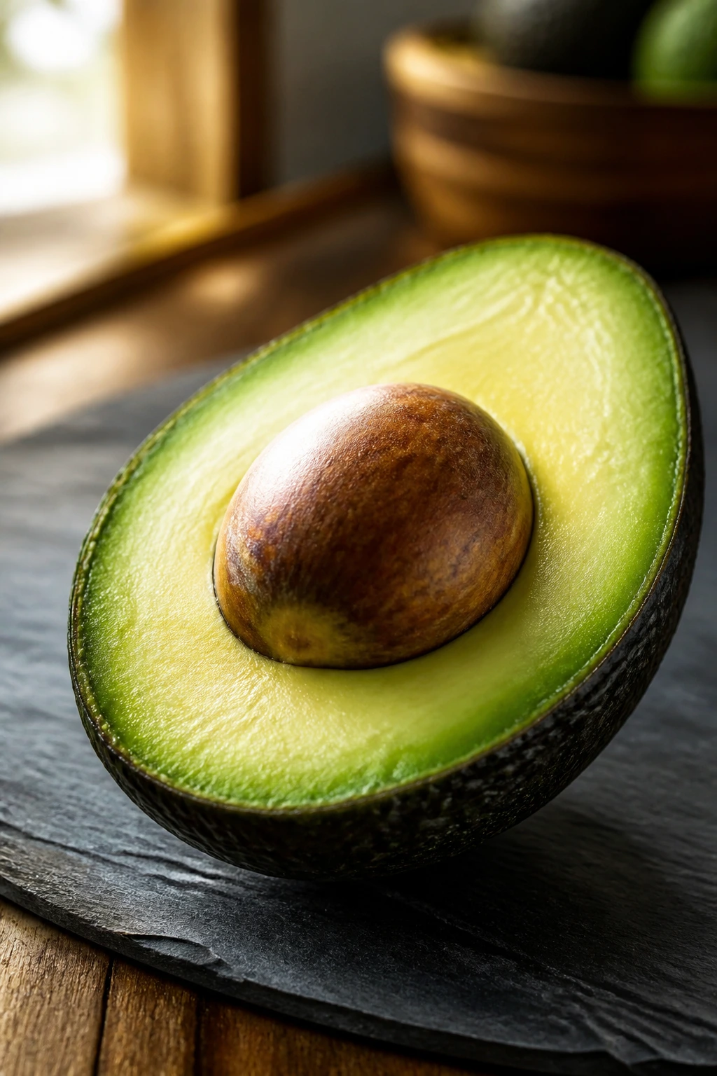 Close-up avocado half on a dark plate in a warm kitchen, keto fat source