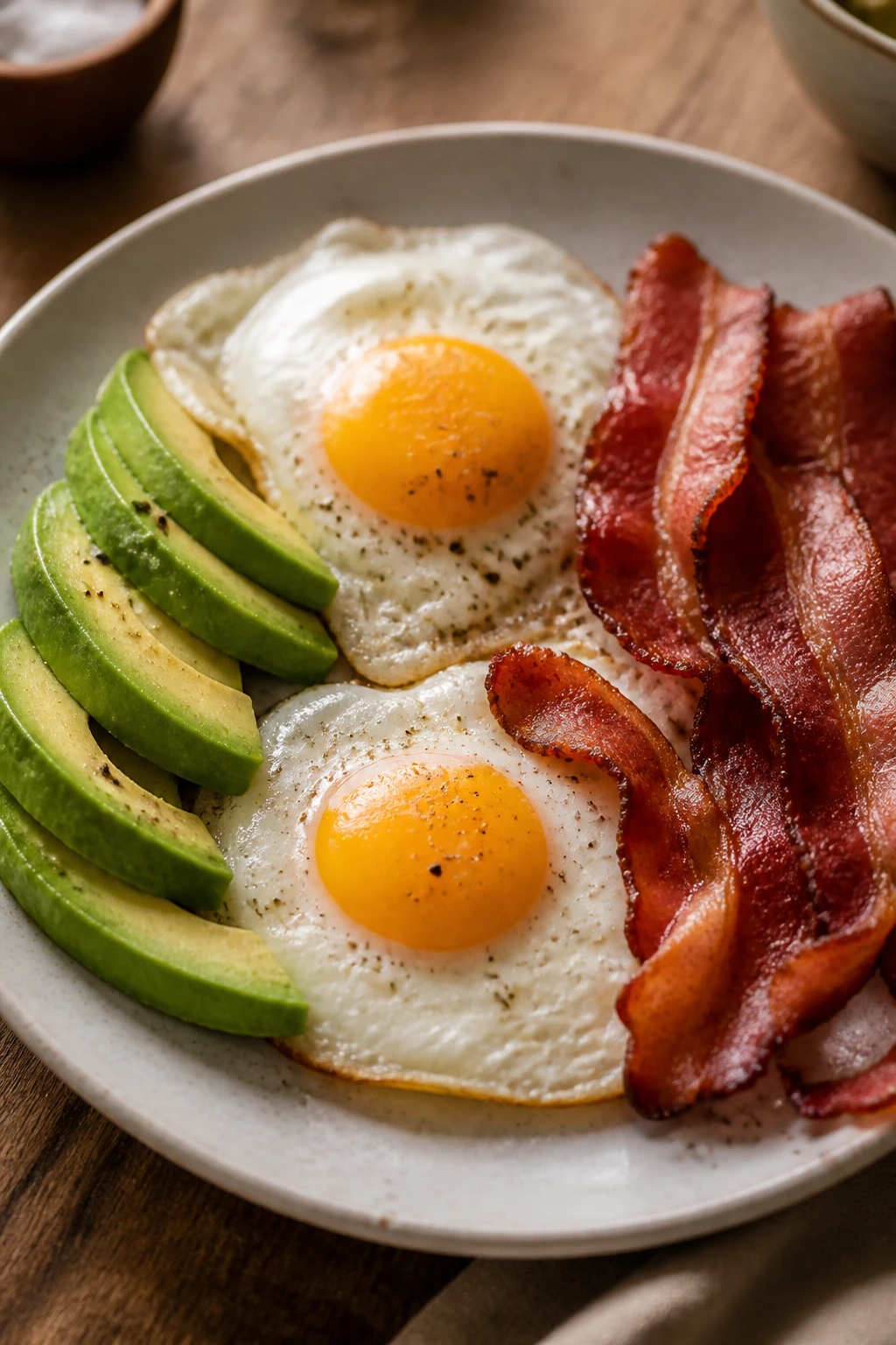 Are Plantains Keto-Friendly? All You Need To Know 4 Close-up keto plate with avocado, eggs, and bacon on wooden table