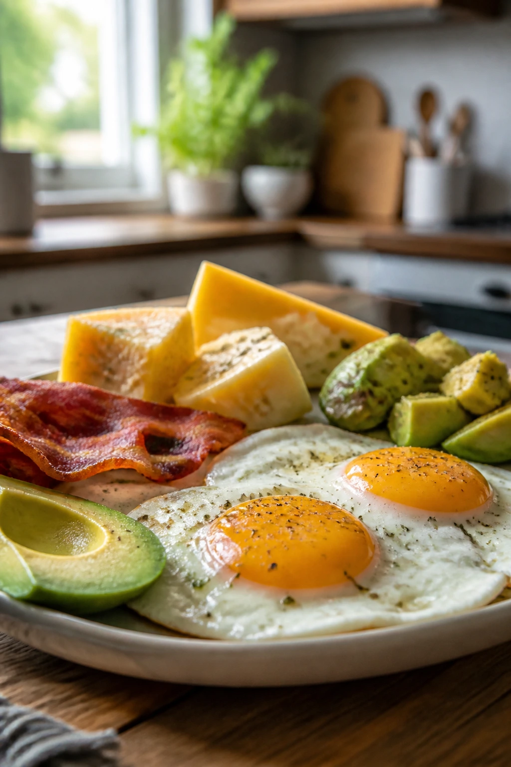 Are Plantains Keto-Friendly? All You Need To Know 1 Close-up plate of keto-friendly foods (eggs, avocado, bacon, cheese) in a cozy kitchen