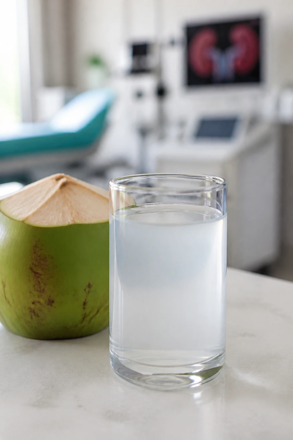 Coconut water in glass with medical background hint for kidney health.