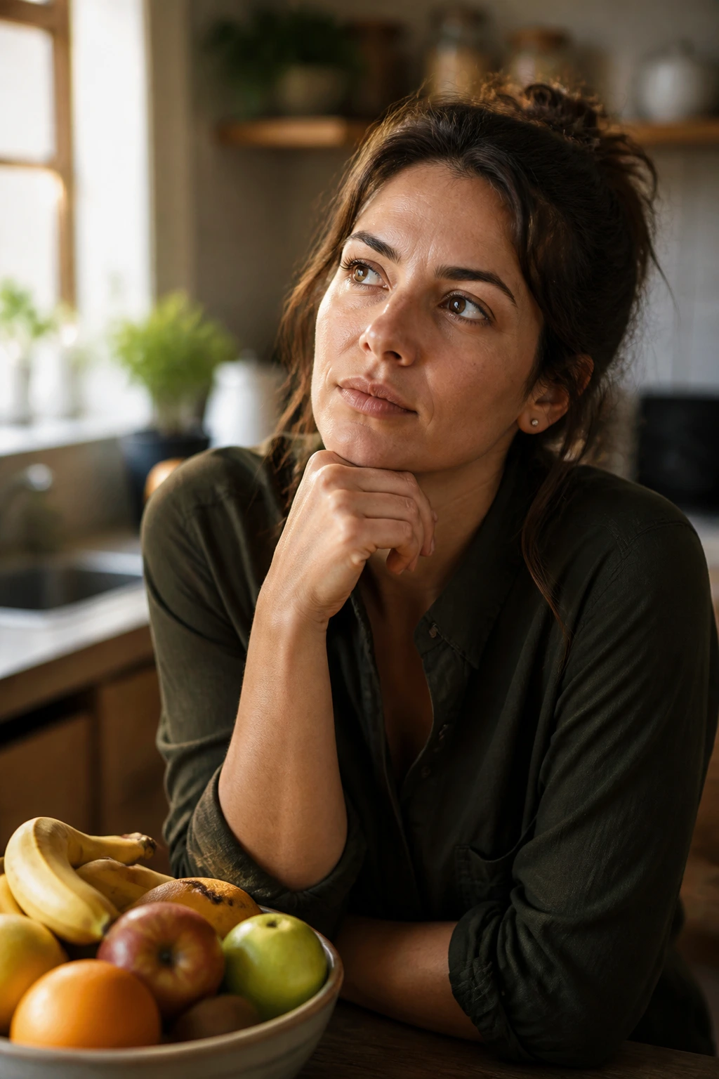 10 Amazing Fruits That Are Good For Vertigo 6 Portrait of a thoughtful woman in a kitchen considering common questions about fruits and vertigo