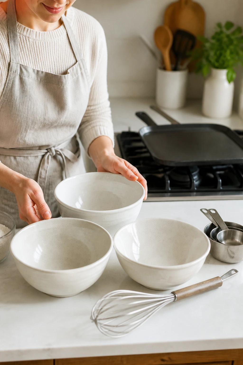 Person organizing bowls and preheating the griddle in a bright kitchen.