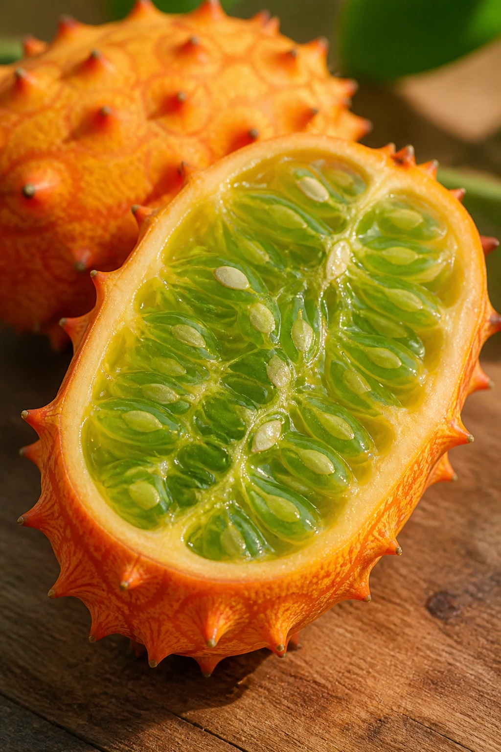 Halved kiwano horned melon showing green interior with seeds