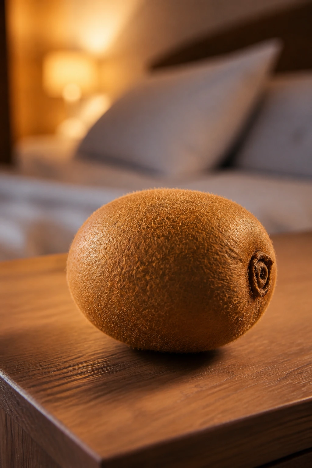 Close-up of a ripe kiwi on a bedside nightstand in a softly lit bedroom