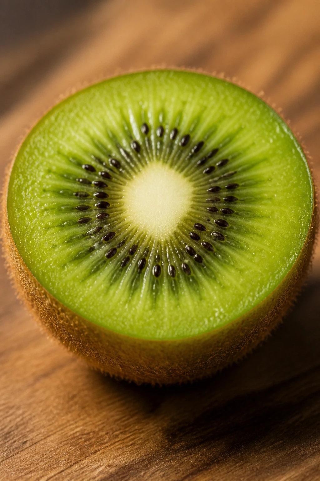 Cross-section of a kiwi showing green flesh and seeds