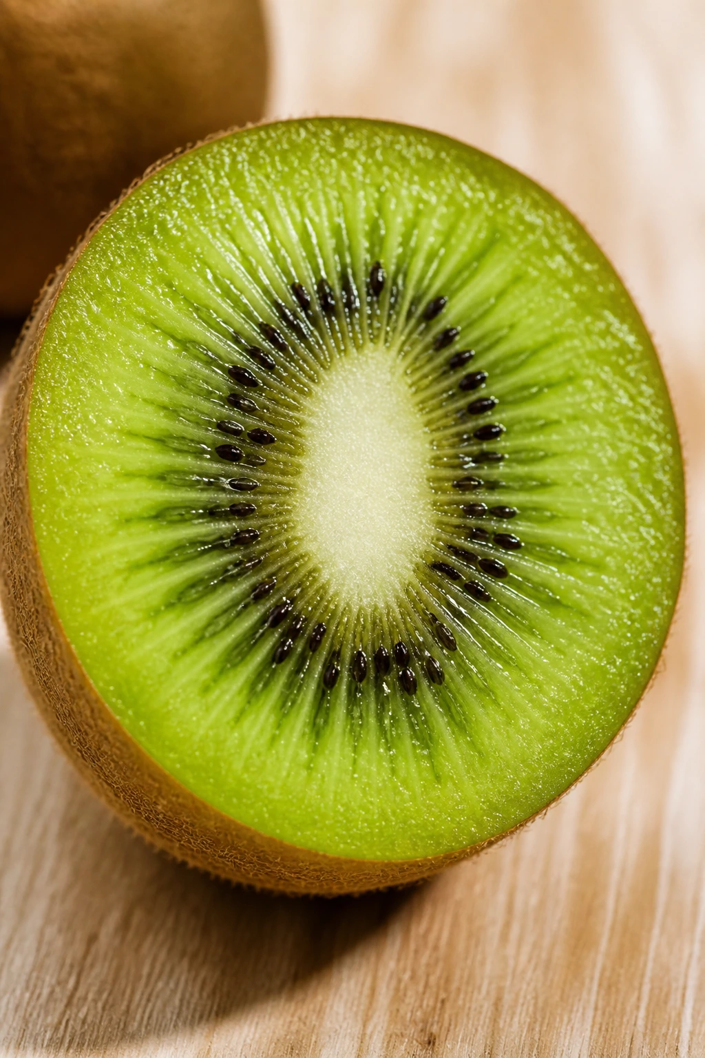 Halved kiwi showing green interior and seeds