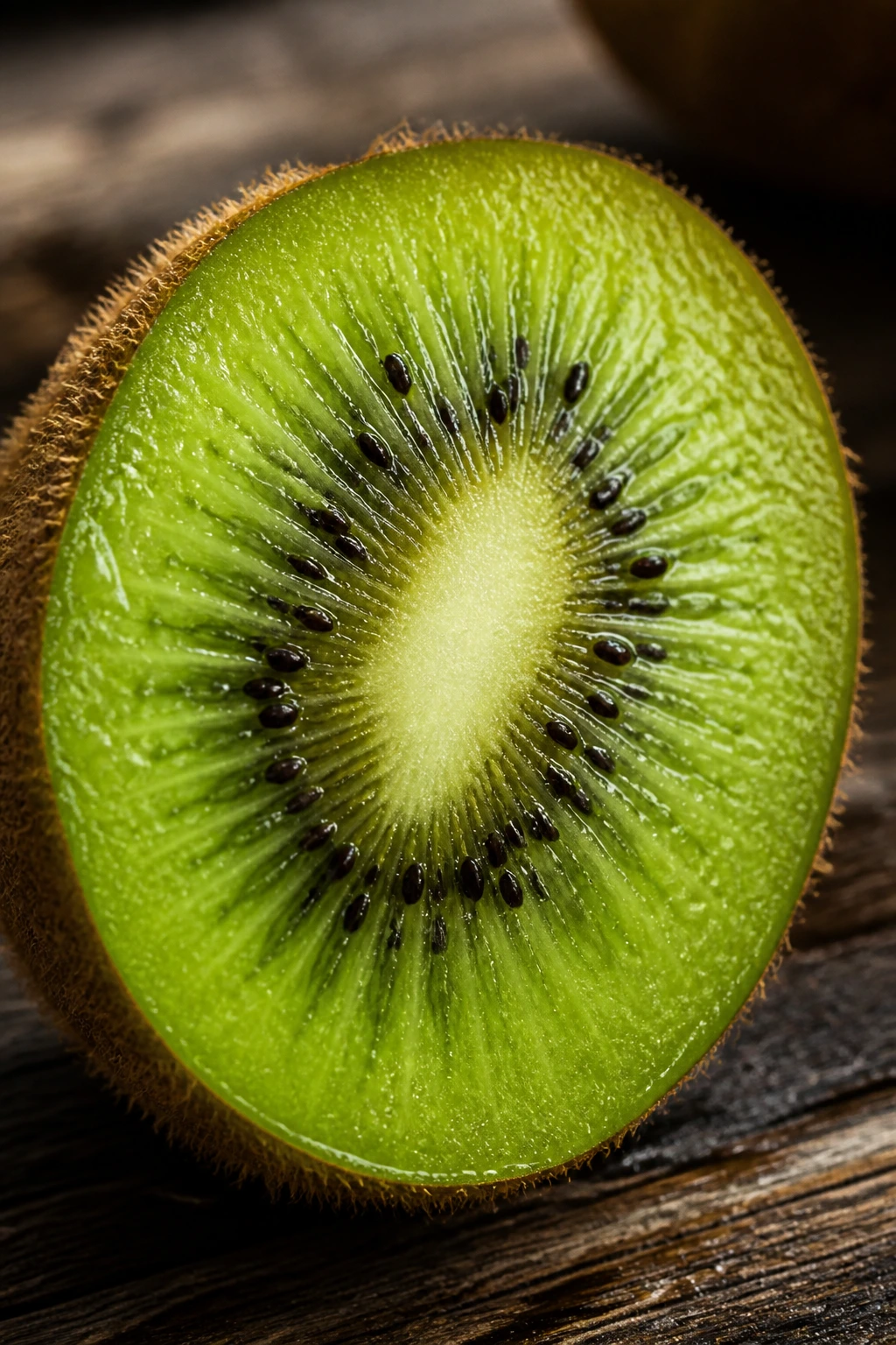 Halved kiwi showing green flesh and seeds on a wooden surface